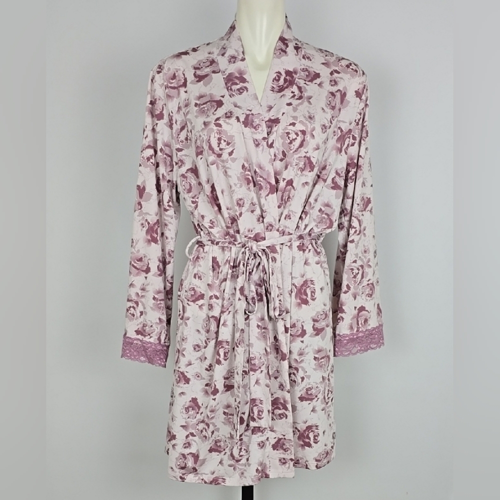 La Vie en Rose Women's Pink White Floral Soft Wrap Robe‎ Lace Trim Tie Belt Sz M